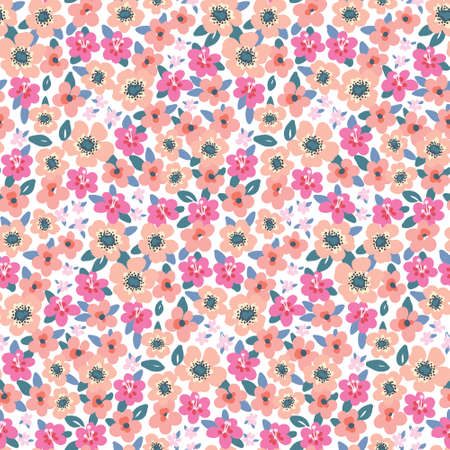 Seamless pattern with liberty floral meadow. Cute spring print with small flowers head, tiny leaves on a white background. Romantic botanical surface with hand drawn plants. Vector illustration.のイラスト素材