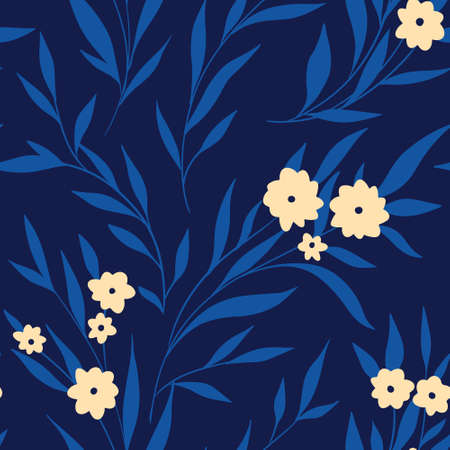 Decorative floral background, botanical print with simple floral branches, lush foliage. Seamless pattern with hand-drawn blue twigs, leaves, small white flowers on a dark field. Vector.のイラスト素材