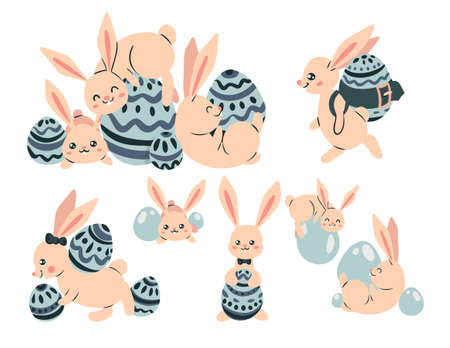 Easter set with pink bunnies on a white background. Cute rabbits play with Easter eggs. Vector illustration.のイラスト素材
