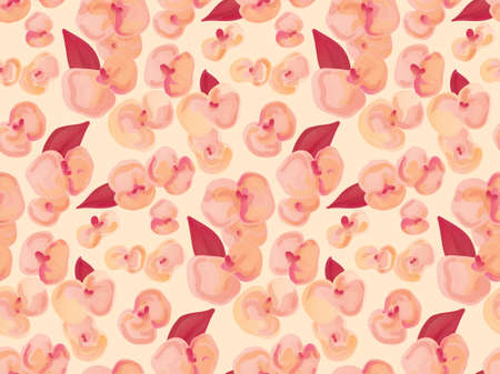 Unusual floral print with small milkweed flowers. Seamless pattern, delicate botanical background with pink flowers, red leaves on a light surface. Vector, watercolor imitation.のイラスト素材