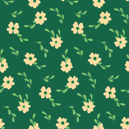 Seamless pattern, simple and cute floral print with small flowers, buds, leaves. Decorative botanical background with tiny painted plants on a green field. Vector illustration.のイラスト素材