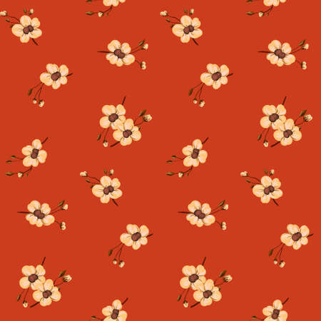 Romantic ditsy print with small floral branches in retro style. Seamless pattern, romantic botanical background with small flowers, leaves on tiny twigs. Vector illustration.のイラスト素材