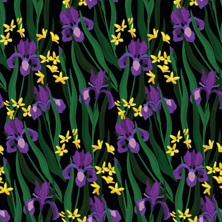 Seamless pattern with beautiful irises in the grass. Summer floral print, fresh botanical background with purple flowers, leaves on dark field. Vector illustration.のイラスト素材