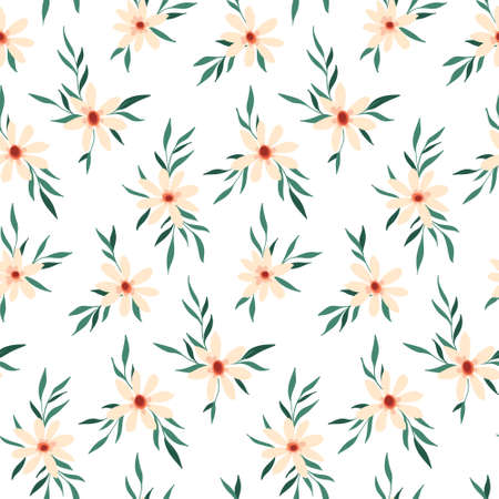 Seamless pattern with small pink flowers, leaves on a white background. Cute floral print with spring flowers. Simple floral background design. Vector illustration.のイラスト素材