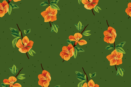 Bright summer print with quince sprigs on a green background. Seamless floral pattern with yellow...