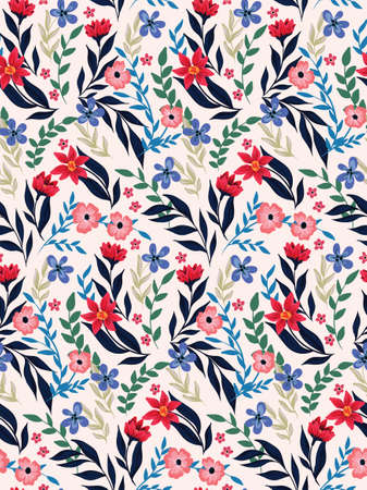 Seamless pattern with abstract composition of wild flowers, leaves, herbs. Delicate floral print, botanical surface with hand-drawn plants on a light background. Vector illustration.のイラスト素材