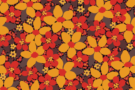 Seamless floral pattern, elegant botany print with retro style meadow, small red, yellow flowers, leaves. Pretty botanical background with hand drawn flowers field. Vector illustration.のイラスト素材