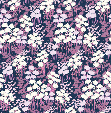 Seamless pattern, botanical texture with artistic painting meadow in purple. Liberty floral print, botany background with hand drawn field, wild flowers, grass. Vector illustration.のイラスト素材
