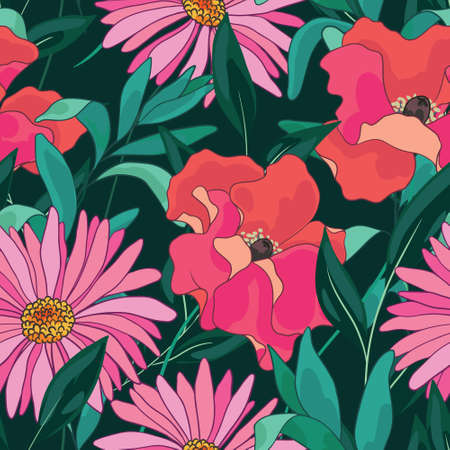 Cute retro print, seamless floral pattern with colorful summer meadow, large flowers, lush foliage. Decorative botanical background with beautiful botany composition, painted plants. Vector.のイラスト素材