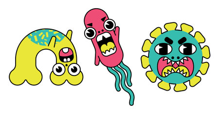 Set of isolated images with bacteria. Cute characters of viruses, bacteria with faces. Bacteria...