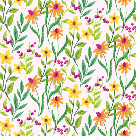 Seamless floral pattern with rustic colorful wildflowers. Fresh ditsy print, pretty botanical background with hand drawn wild plants, different flowers, herbs, leaves. Vector illustration.のイラスト素材