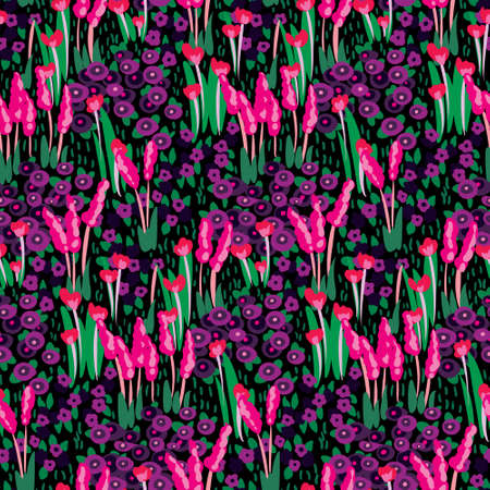 Seamless pattern with a bright meadow surface, summer plants, wild flowers, grass on a dark, black field. Colorful floral print, artistic botanical landscape background. Vector.のイラスト素材