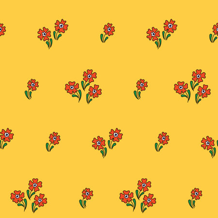Seamless floral pattern, simple and cute ditsy print with small flowers on a yellow background. Vector illustration.のイラスト素材