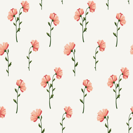 Seamless floral pattern with delicate hand drawn plants on a white surface. Rustic ditsy print, romantic botanical background with pink cosmos flowers. Imitation of watercolor, vector.のイラスト素材