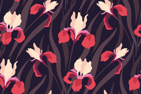 Seamless pattern with iris flowers on a dark field. Elegant floral print, drawing botanical...