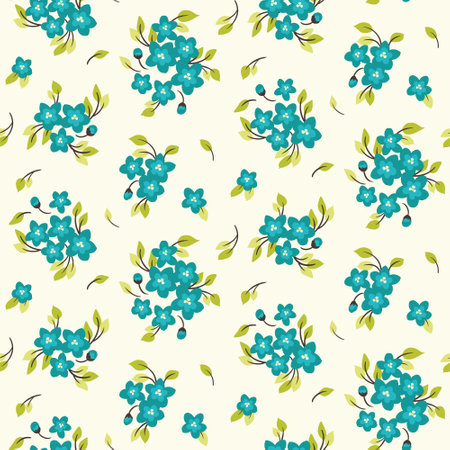 Seamless floral pattern, rustic ditsy print with small blue flowers on a light surface. Romantic botanical background with tiny hand drawn plants, flowers, leaves. Vector.のイラスト素材