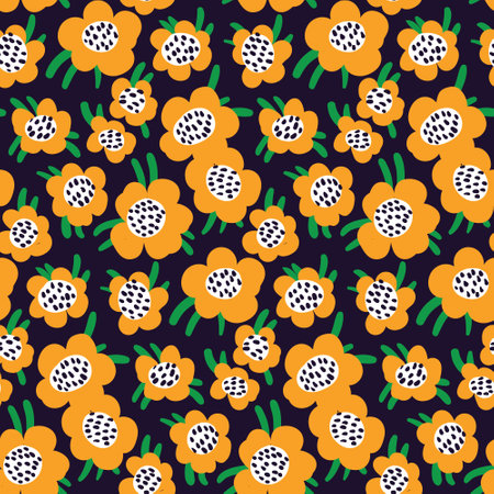 Seamless floral pattern, retro style ditsy print with doodle meadow. Simple botanical background design with yellow hand drawn flowers, green leaves on a blue field. Vector illustration.のイラスト素材