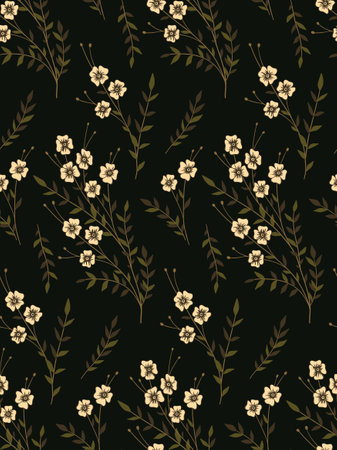 Warm floral print with small flowers on a branch in natural colors. Seamless pattern, cute romantic botanical background with sprigs of flowers, leaves on a brown field. Vector illustration.のイラスト素材