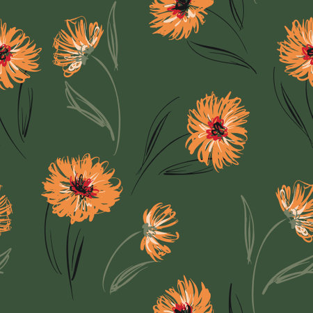 Seamless floral pattern in natural colors. Botanical background design, floral print with large sketch plants, flowers, leaves on thin stems. Vector illustration.のイラスト素材