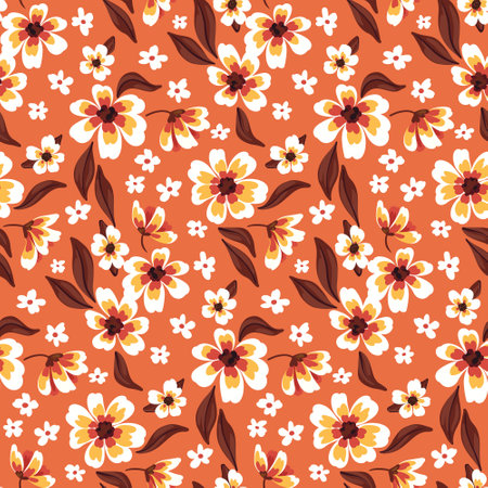 Retro style seamless pattern with liberty floral composition. Romantic ditsy print, pretty botanical background with simple hand drawn plants, flowers head, leaves. Surface graphic design. Vector.のイラスト素材