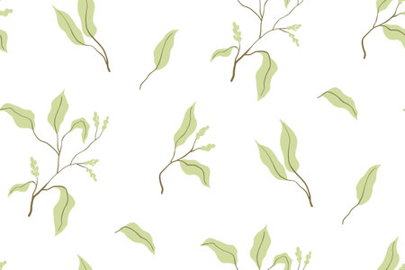 Seamless pattern, floral print with hand drawn branches in an abstract arrangement on a white background. Botanical design of branches with small tassels of flowers, green leaves. Vector illustration.のイラスト素材