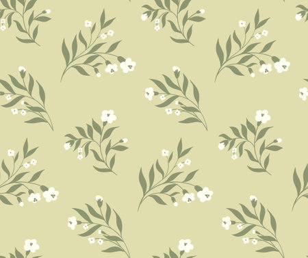 Seamless pattern with decorative flowers branches in natural colors. Rustic floral print, romantic botanical background with delicate hand drawn plants, small flowers, leaves on the branches. Vector.のイラスト素材