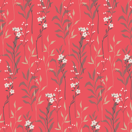 Seamless pattern with vintage botanical composition on a red background. Elegant floral print with hand drawn wild plants, small flowers on thin branches, leaves, herbs. Vector illustration.のイラスト素材