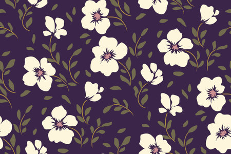 Seamless floral pattern, elegant ditsy print with small hand drawn flowers, leaves in an abstract arrangement on a dark background. Vintage botanical surface design. Vector illustration.のイラスト素材