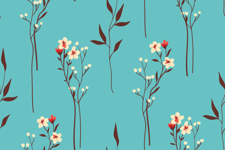 Seamless floral pattern with decorative botanical compositions on a blue background. Elegant ditsy print with hand drawn wild plants: small flowers on branches, leaves. Vector illustration.のイラスト素材
