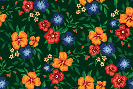 Seamless floral pattern in Russian style. Bouquets with various painted flowers, leaves, blades of grass on a green field. Summer botanical print with folk motifs. Vector.のイラスト素材