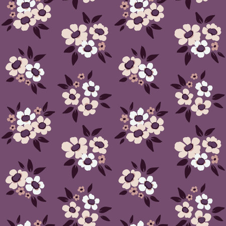 Seamless floral pattern, pretty ditsy print with cute hand drawn flowers with rustic motif. Pretty flower design with small flowers, leaves in simple bouquets on purple background. Vector illustrationのイラスト素材
