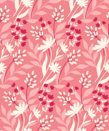 Seamless floral pattern with silhouettes of wild plants. Pretty ditsy print, cute flower background design with hand drawn small flowers, leaves in abstract arrangement on pink background. Vector.のイラスト素材