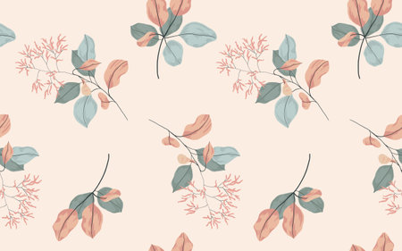 Seamless floral pattern, gentle botanical backdrop with falling branches. Abstract composition of hand drawn plants: delicate flowers branches, large leaves on a light background. Vector illustration.のイラスト素材