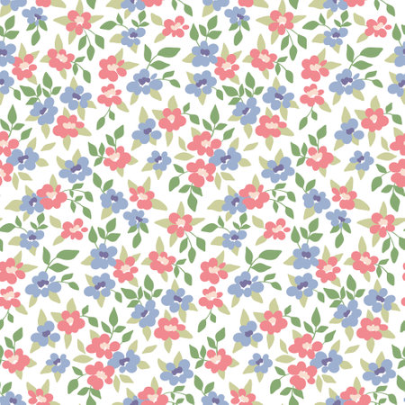 Seamless floral pattern, cute ditsy print with rustic motifs. Romantic botanical surface design with small flowers, leaves in liberty composition on white background. Vector.のイラスト素材