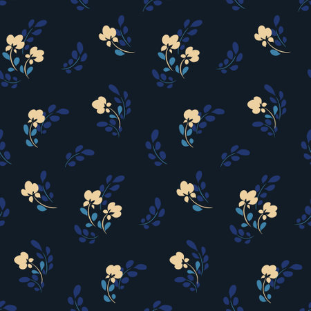 Seamless floral pattern, cute ditsy print with folk motif. Elegant botanical design with small decorative art plants: tiny hand drawn flowers, leaves on a dark background. Vector illustration.のイラスト素材