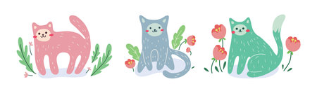 Cute hand drawn cats in a set. Pretty cartoon kittens isolated on white background. Vector illustration in a childish, naive style. Flat design with baby animals in pastel colors.のイラスト素材
