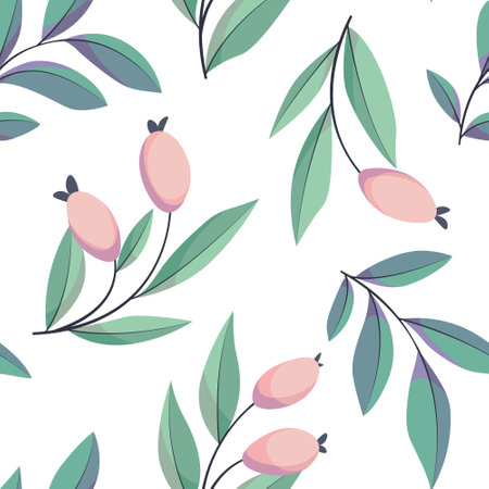 Seamless botanical pattern with berries in delicate watercolor colors. Cute floral print: hand drawn berry twigs, large leaves in an abstract arrangement on a white background. Vector illustration.のイラスト素材