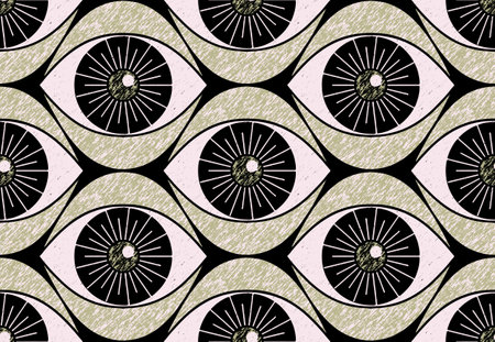 Seamless pattern with vintage new age print. Sketchy texture with a mystical pattern of open eyes. Trendy graphic background design with a magical vibe.の写真素材