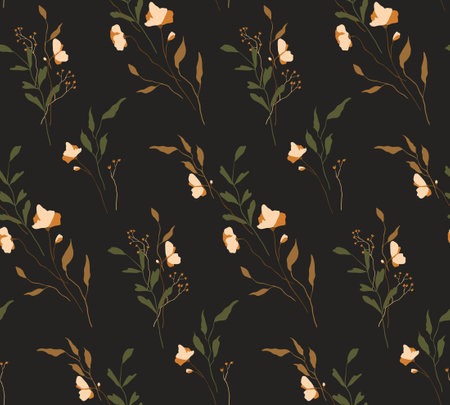 Seamless floral pattern with wild flowers, herbs in natural colors. Elegant flower print, botanical background with hand drawn plants: small flowers, twigs, leaves. Vector illustration.のイラスト素材