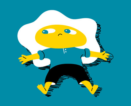 A male cartoon character is lying on the floor, his head is a broken egg. Concept illustration of apathy, professional burnout, abulia, fatigue and depression. Vector image.のイラスト素材