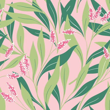 Seamless floral pattern, summer botanical print with hand drawn blooming branches. Summer botany in trendy colors: branches with small tassels of flowers, green leaves on a pink background. Vector.のイラスト素材