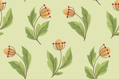 Seamless floral pattern with decorative art plants in folk style. Cute botanical print, vintage background with small berries, large leaves on thin twigs. Vector illustration.のイラスト素材