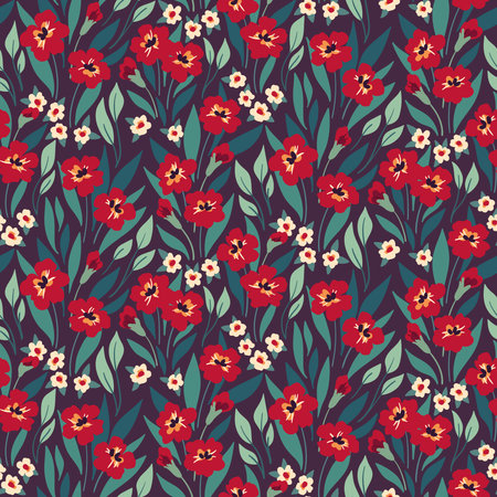 Seamless floral pattern, cute ditsy print with winter vintage motifs. Abstract botanical arrangement with decorative meadow, small wild flowers, leaves on a dark background. Vector illustration.のイラスト素材