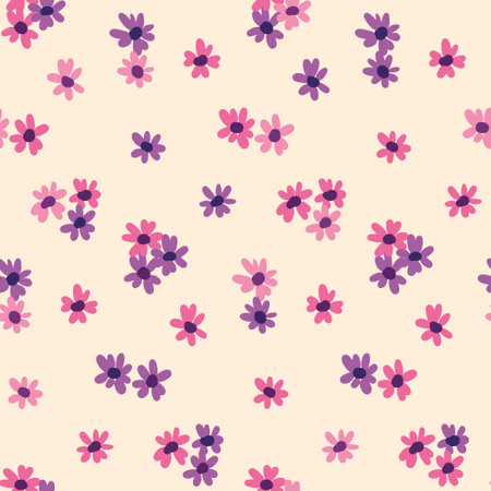 Seamless floral pattern, simple ditsy print with small hand drawn flowers bud in liberty arrangement. Cute flower design with tiny daisies in pink colors on a light background. Vector illustration.のイラスト素材