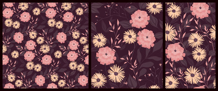 Romantic floral print with fairy mood. Seamless pattern, gentle botanical background with pink flowers, various leaves, wild herbs on a dark purple field. Vector illustration.のイラスト素材