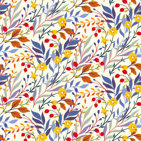 Seamless floral pattern with autumn botany on a white background. Artistic botanical print with hand drawn wild plants, ornate abstract composition of herbs, small flowers, berries, leaves. Vector.のイラスト素材