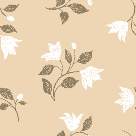 Seamless floral pattern with textural decorative art plants. Cute ditsy print, delicate botanical background design with simple hand drawn flowers, leaves on branches. Vector illustration.のイラスト素材