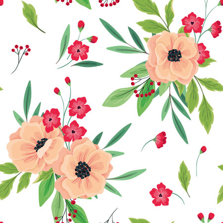 Seamless floral pattern, romantic ditsy print with rustic bouquets. Delicate botanical design with hand drawn spring plants: pink flowers, leaves, branches on a white background. Vector illustration.のイラスト素材