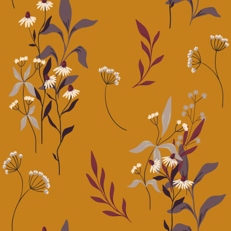 Seamless floral pattern, vintage botanical print with wild plants. Beautiful floral surface design: hand drawn small flowers, branches, leaves, herbs on a mustard background. Vector illustration.のイラスト素材