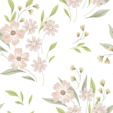 Seamless floral pattern, gentle ditsy print of spring botany with vintage rustic motif. Cute botanical design with small hand drawn wild flowers, leaves on white background. Vector illustration.のイラスト素材